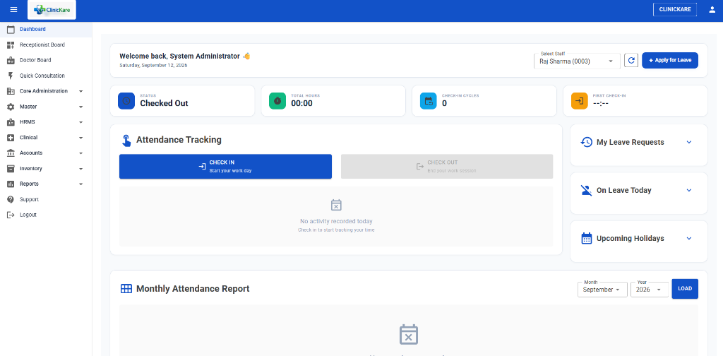 System Administrator Dashboard with Real-Time Staff Attendance Tracking, HRMS & Clinical Boards