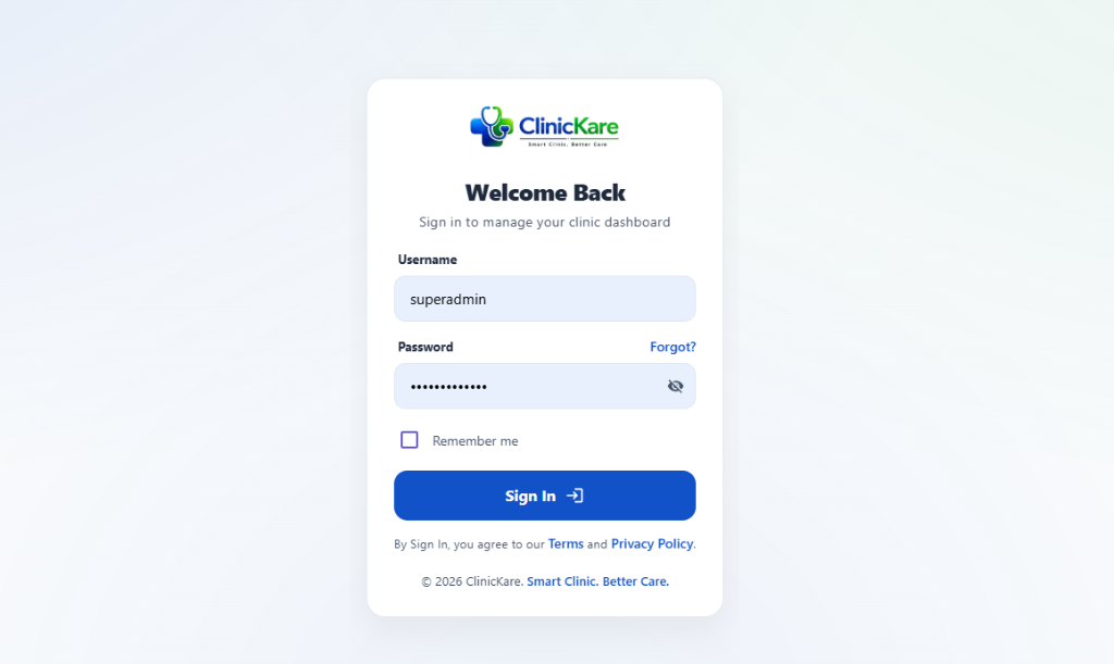 ClinicKare Enterprise Superadmin & Medical Staff Role-Based Secure Sign-In Portal