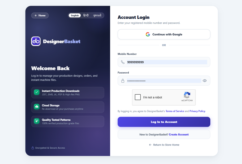 DesignerBasket Secure Multi-Language Account Login with Google SSO & Mobile OTP Authentication