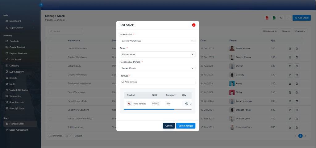 Manage Stock Interface with Real-Time Multi-Warehouse Quantity Editing and SKU Variant Control