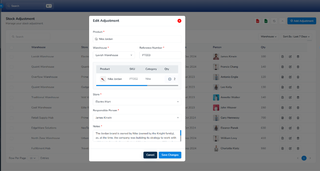 Stock Adjustment Modal for Recording Discrepancies, Damaged Inventory, and Reference Notes