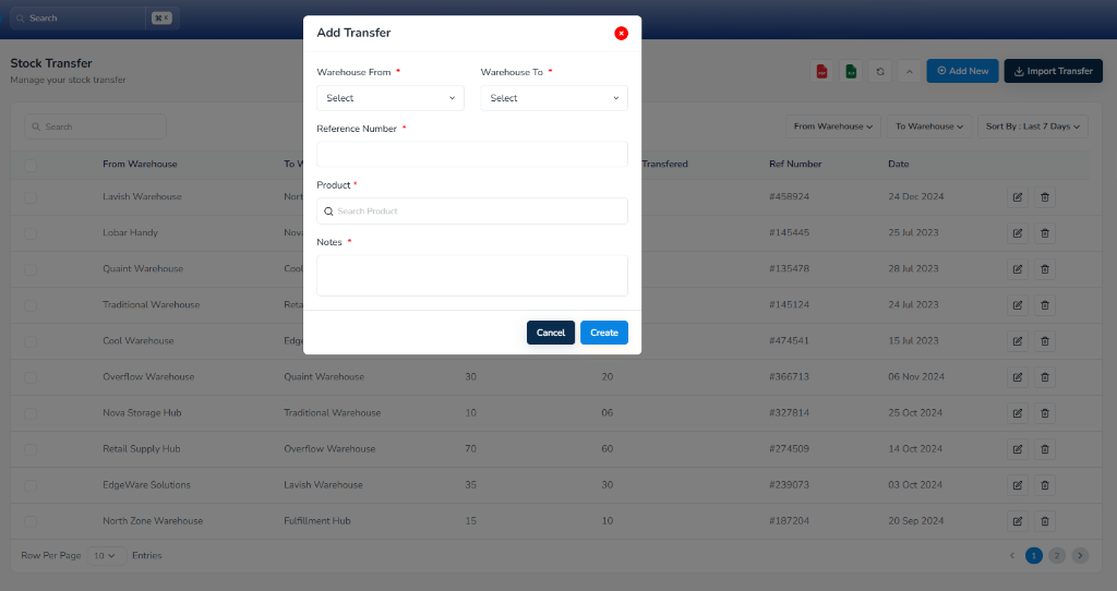 Inter-Warehouse Stock Transfer Creation with Source/Destination Routing and Shipping Cost Tracking
